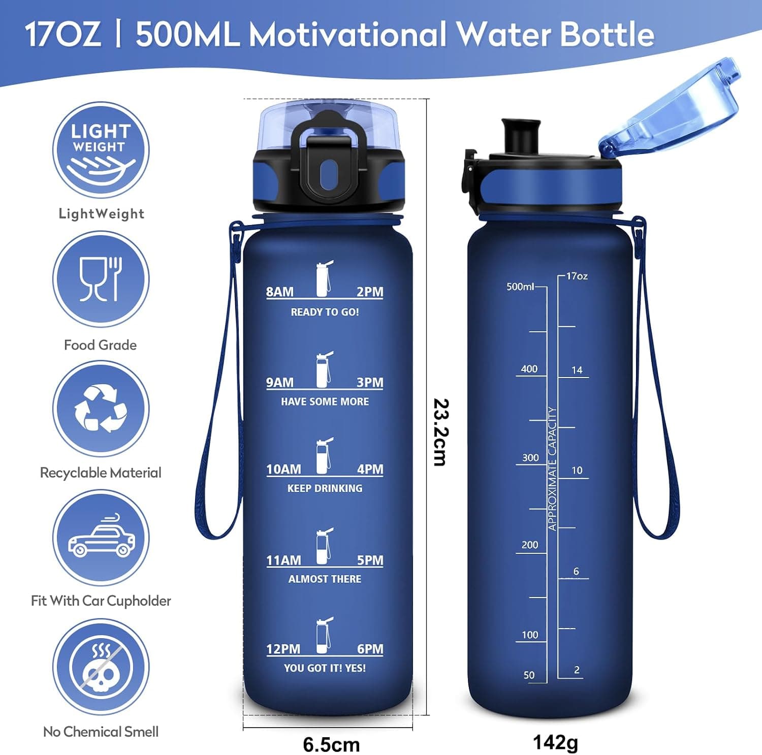 KollyKolla Gourde 500ml, Bouteille d'eau Enfant, Étanche & Réutilisable, Gourde Sport avec Marqueur de Temps, sans BPA, Gourde Motivation pour Enfant, Adulte, Cyclisme, Bureau, l'école, Camping