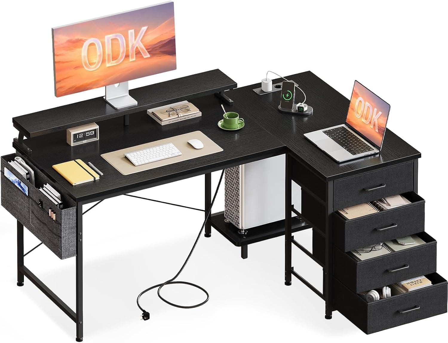 ODK Bureau d'angle avec 4 Tiroirs, 140 x 80 cm, Noir