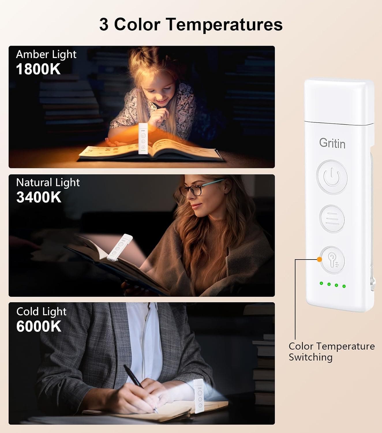 Gritin Lampe de Lecture Rechargeable, Liseuse Lampe Clip Marque-Page au Lit