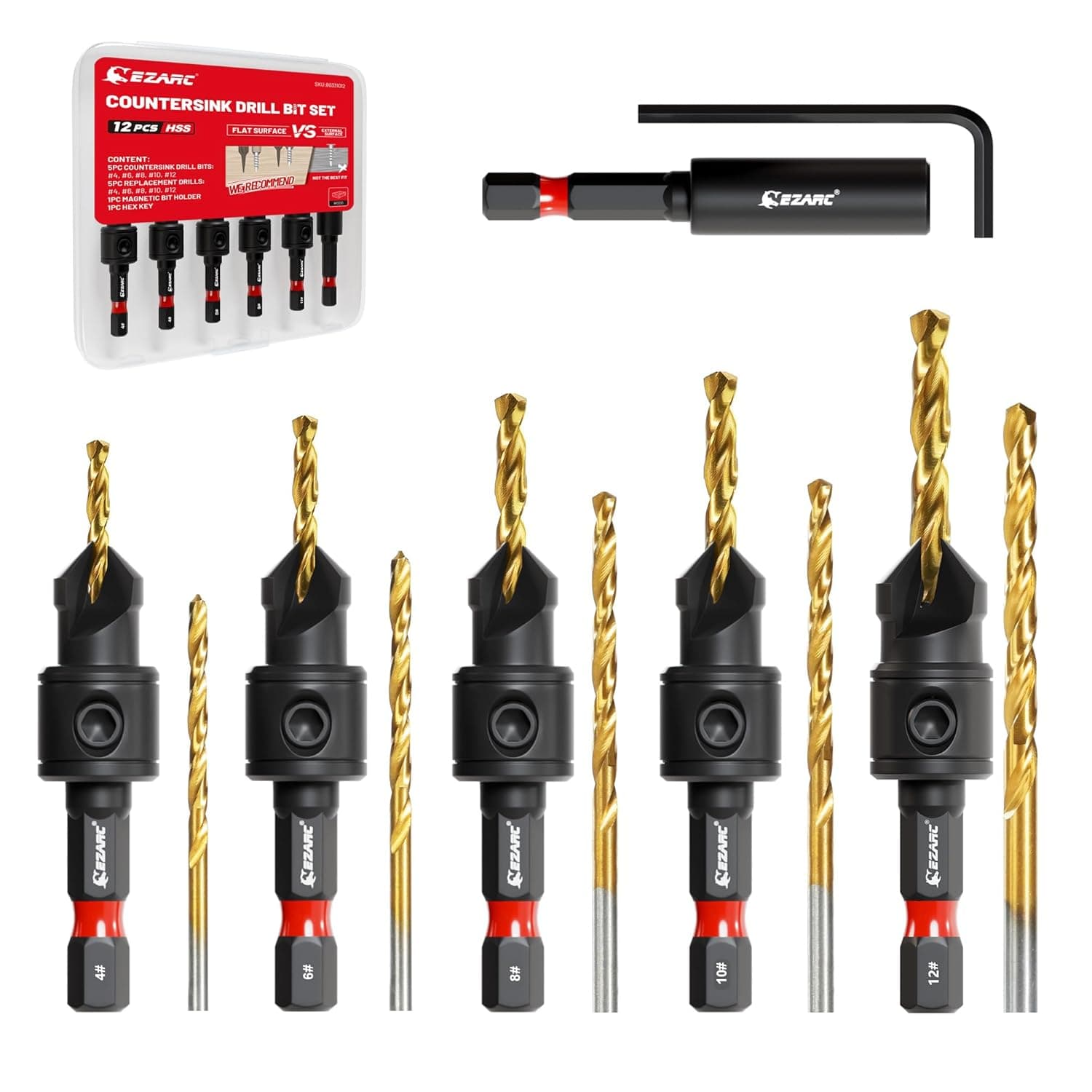 EZARC Lot de 12 forets coniques réglables pour le travail du bois avec boîte de rangement