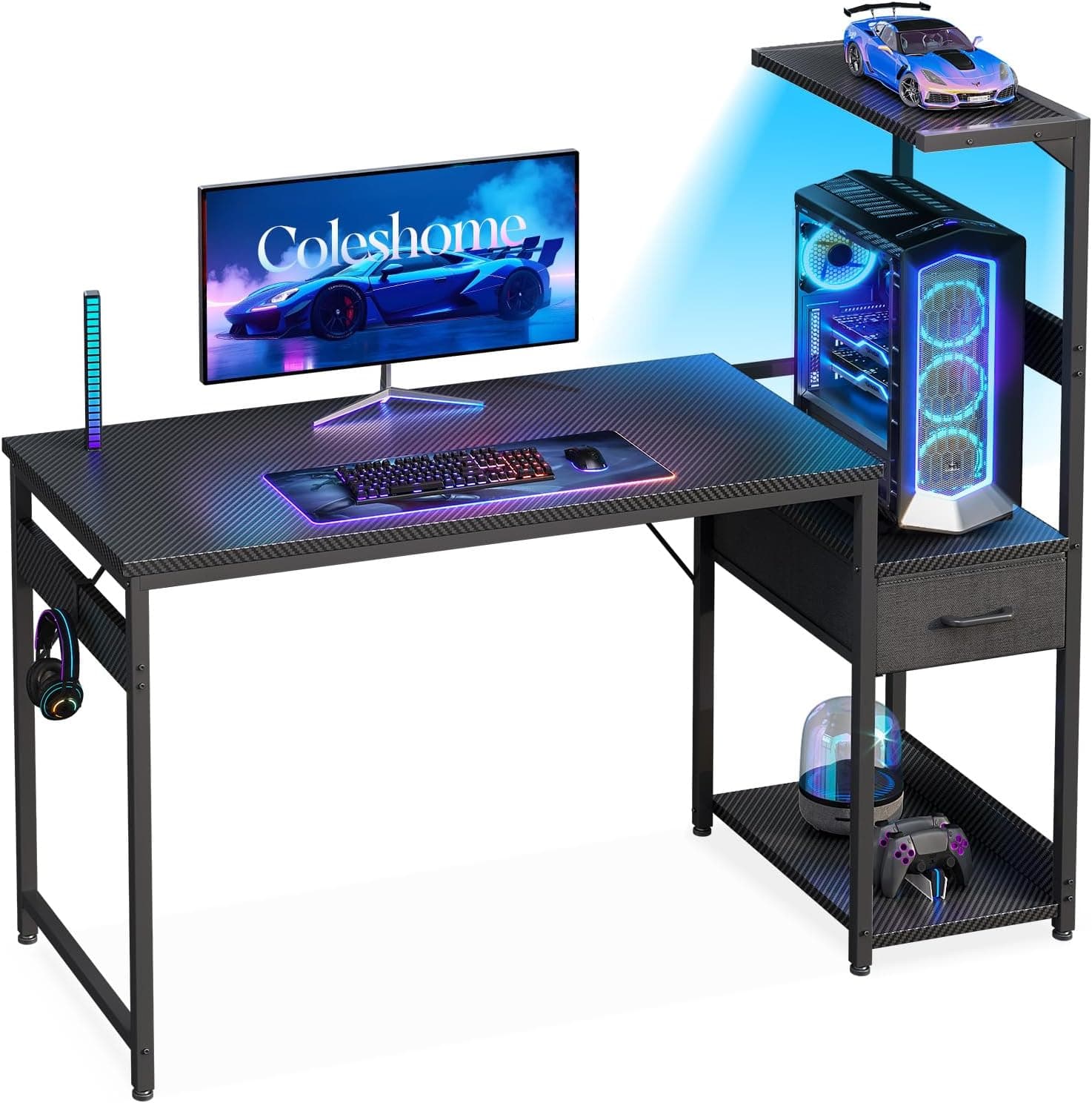 Coleshome Bureau Gaming avec Éclairage LED, 120x48cm, Noir Fibre Carbone