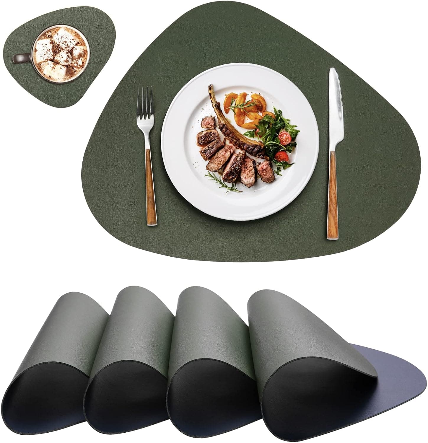 Sets de 4 Table Lavable,Set Couverts de Table,Dessous de Table,Cuir Antidérapant Double Face Imperméables Set Table et Dessous de Verre,Set de Table Lavable Chaleur Résiste(Vert Bleu)