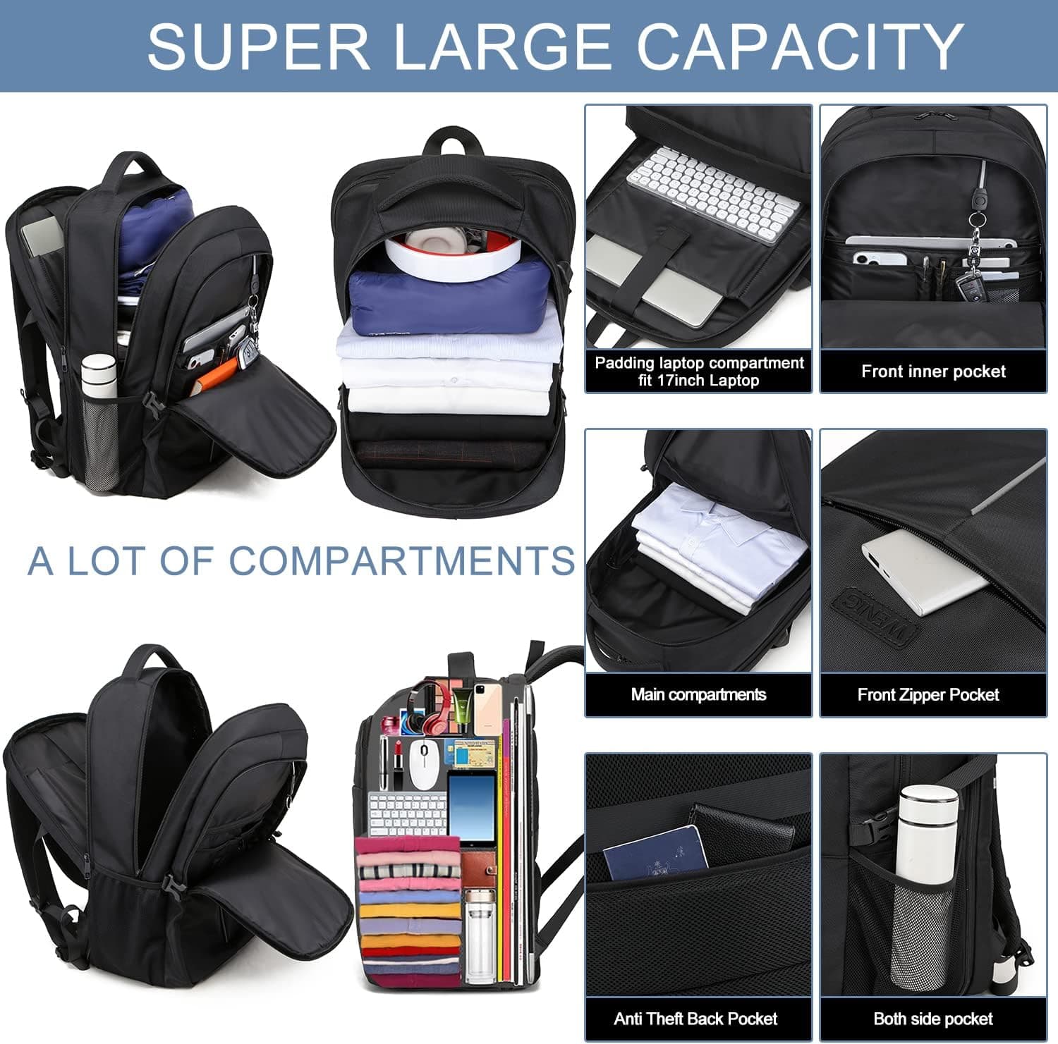 Sac à Dos Ordinateur Portable 17.3 Pouces,50L Sac à Dos de Voyage Grande Homme Femme Antivol Imperméable avec USB Charging Port PC Portable pour Loisir, Scolaire,Affaire Noir