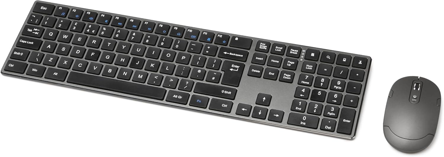 Amazon Basics souris sans fil rechargeable - Clavier complet ultra-mince et silencieux avec pavé numérique, FR Layout Gray, noir