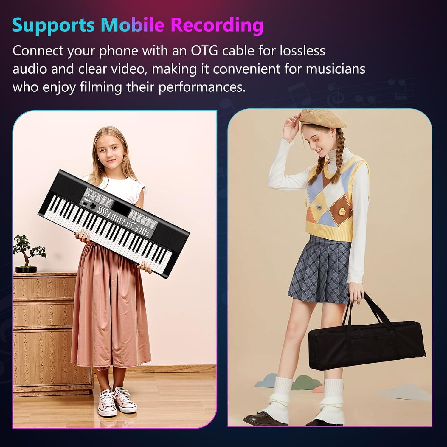 TERENCE Piano Numérique 61 Touches Double Haut-parleur HiFi Clavier Piano avec 51 Touches de Fonction Affichage LED Double Clavier 2 Options d'alimentation Support pour Casque et Microphone