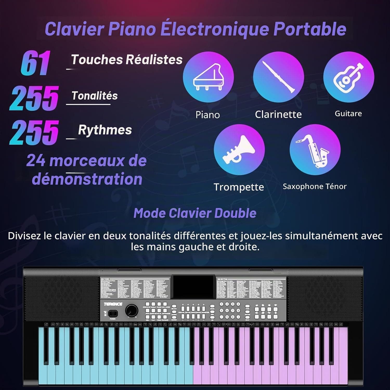 TERENCE Piano Numérique 61 Touches Double Haut-parleur HiFi Clavier Piano avec 51 Touches de Fonction Affichage LED Double Clavier 2 Options d'alimentation Support pour Casque et Microphone