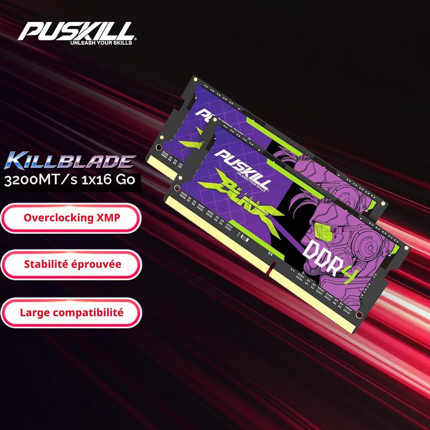 PUSKILL Mémoire RAM DDR4 16Go pour PC Portable, 3200MHz PC4-25600 CL22 1,2V, SODIMM 260 Broches, Module Unique, Mise à Niveau Plug & Play pour Ordinateur Portable, Compatible Intel et AMD