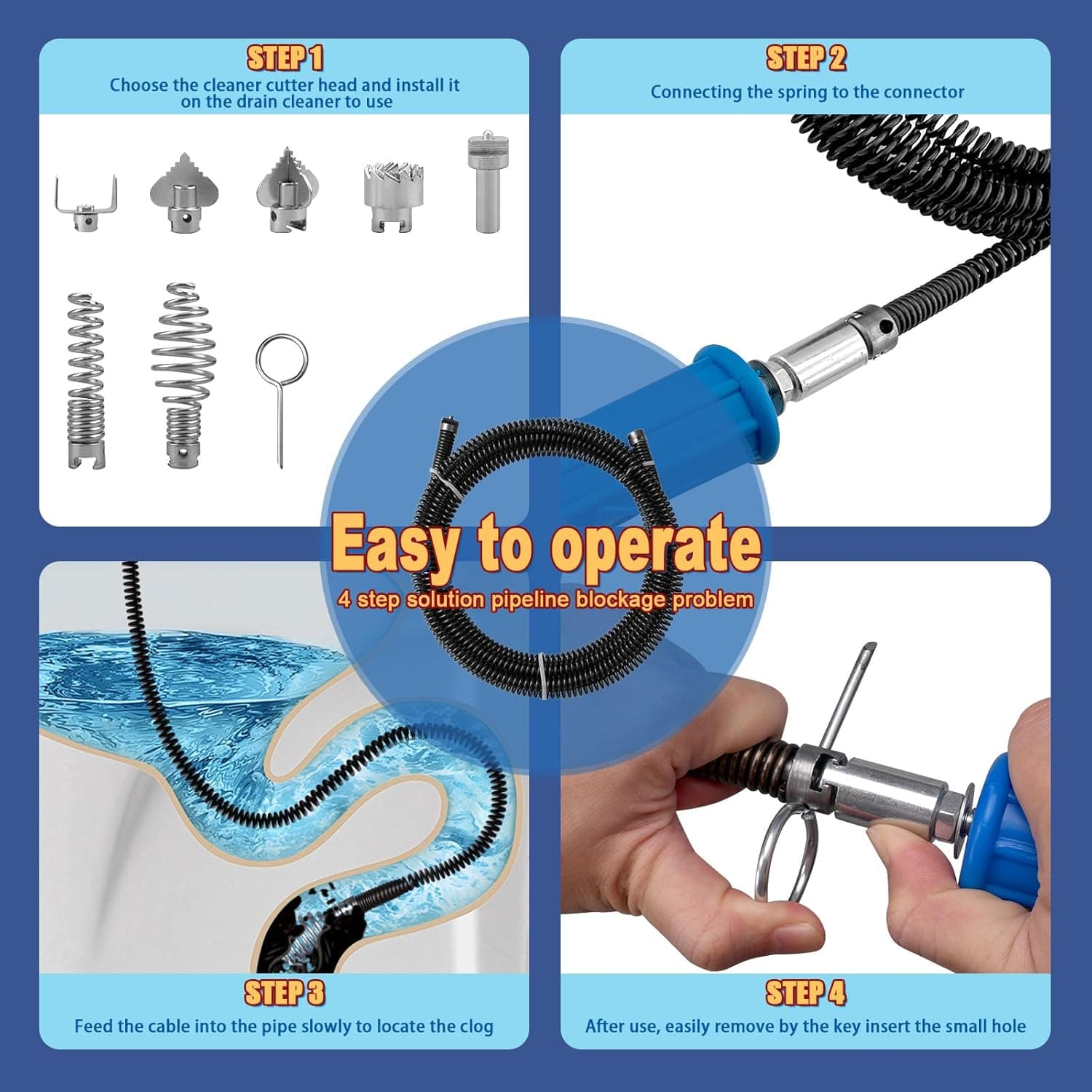 Furet Deboucheur Canalisation 3m Diamètre 12 mm, Professionnel Deboucheur wc Evier, Avec 8 Pièces Furet Dragage Plomberie Adaptateurs éLectriques
