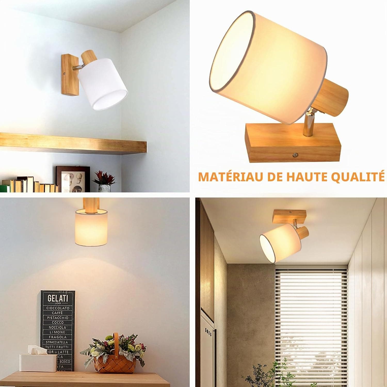 Glitzerlife Spot de Plafond Bois Applique Murale 1 Spot Plafonnier | LED Orientable E14 Vintage Luminaire Intérieurs pour Chambre Salon Cuisine Salle à Manger Max. 40 W(Sans Ampoules)