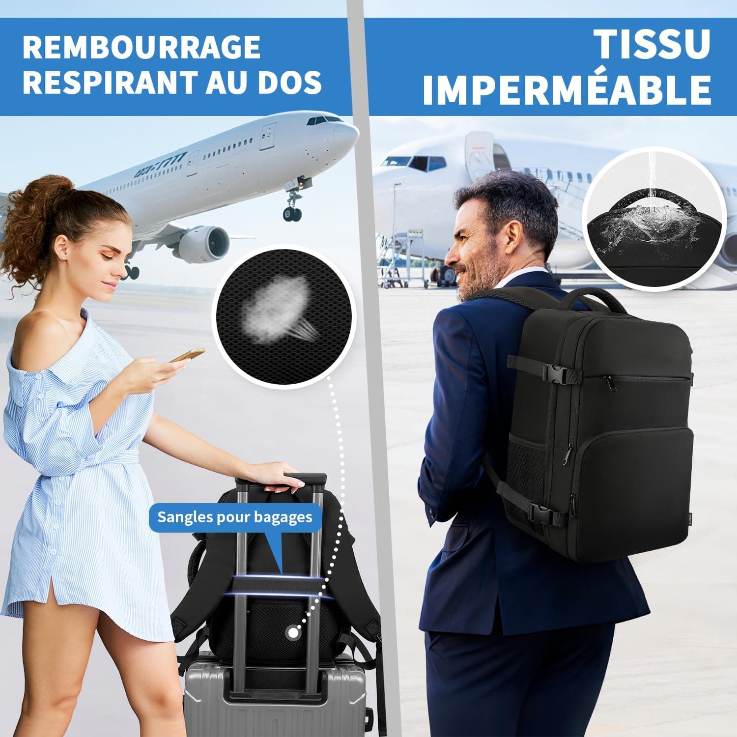 ZOMFELT Bagage Cabine 40x30x20, 24L Sac à Dos Voyage Cabine Avion | Étanche Sac Cabine Avion Femme Homme Sac de Voyage pour Wizzair Eurowings Ryanair , Sac à dos cabine pour PC 15 pouces, Noir