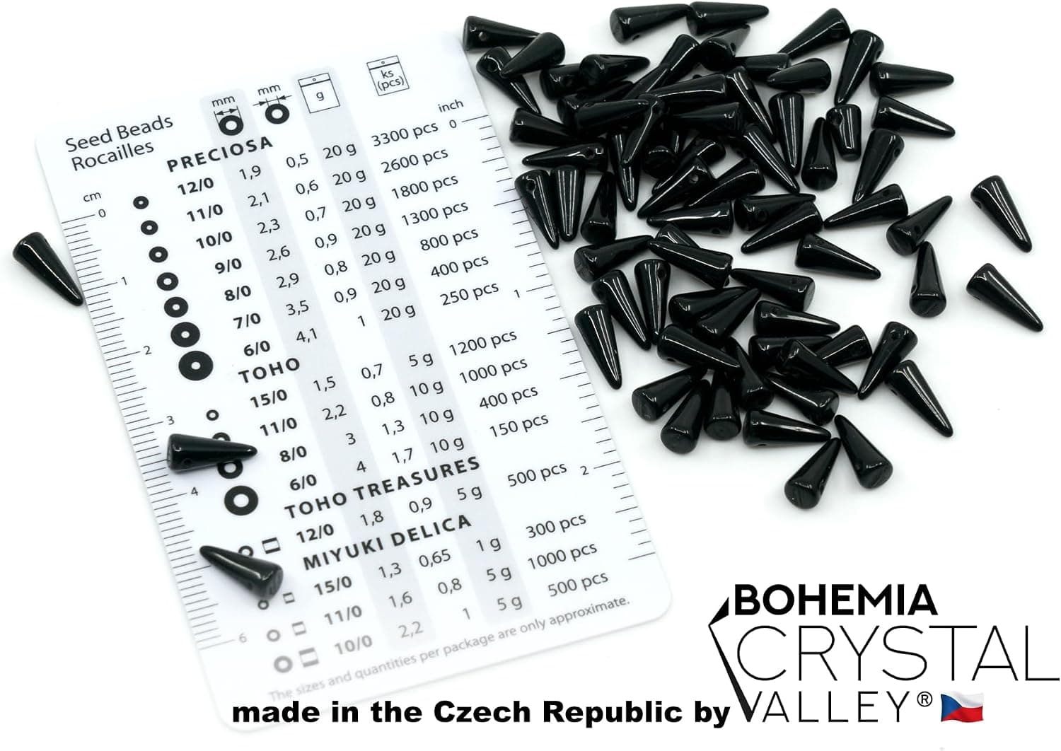 25 g (env. 120 pcs.) Perles de verre petites pointes, 1 trou, perles tchèques pressées, noir de jais 23980, env. 4x10mm