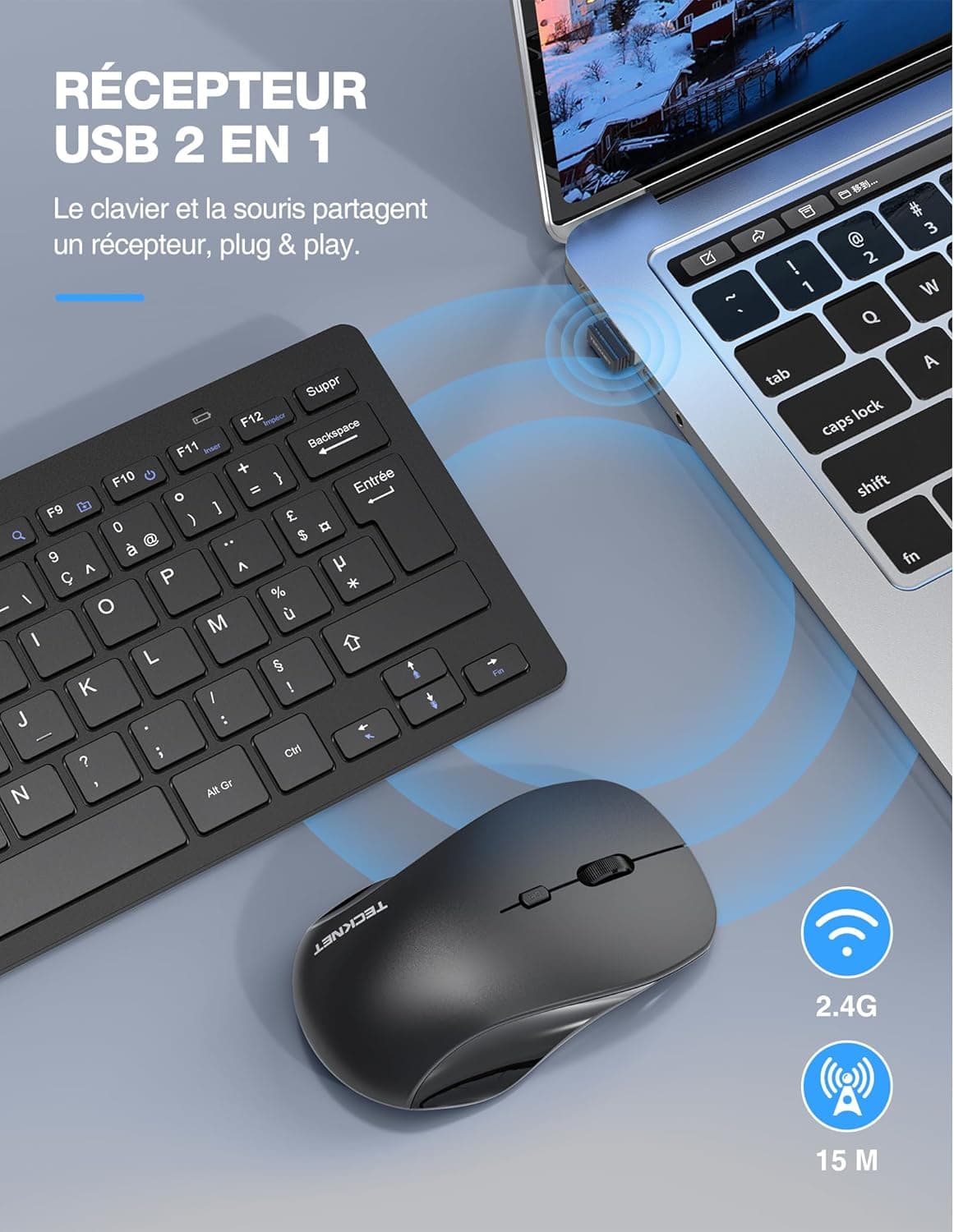 TECKNET Clavier et Souris sans Fil France AZERTY, 2.4G Silencieux, Noir | Récepteur Nano USB, 12 Raccourcis Multimédia, pour Ordinateur, PC, Ordinateur Portable, Ordinateur de Bureau