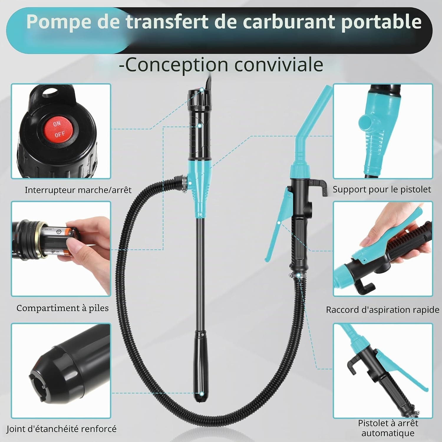 Pompe Essence Electrique Pompe Carburant Automatique Pompe de Transfert de Liquide a Gasoil Siphon Portable à Essence 2.4 Gpm pour Carburant Huile Diesel Eau (Bleu)