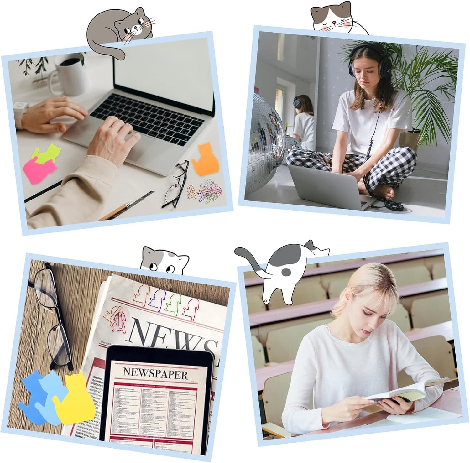 Molain Lot de 7 blocs de notes autocollantes en forme de chat avec trombones, 210 feuilles Multicolore 7 x 5.8 cm
