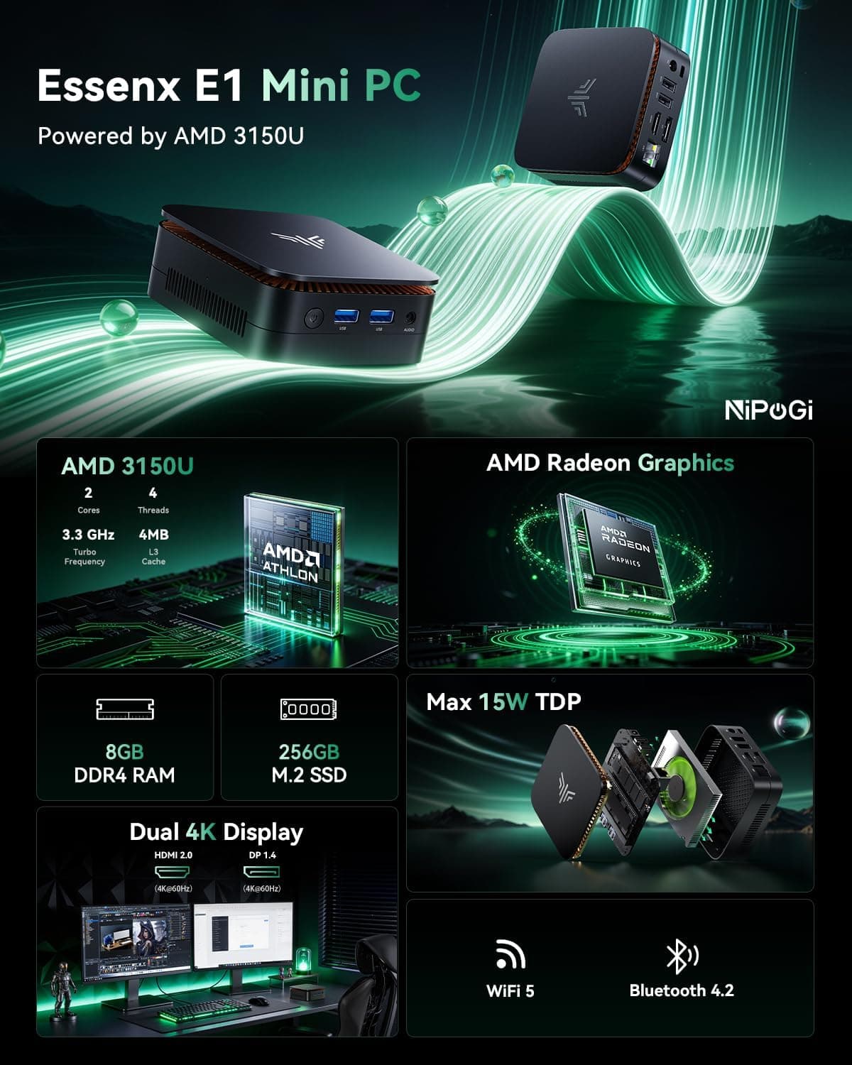 NiPoGi AK1PLUS Mini PC Ιntel N5030 12 Go RAM 256 Go SSD(2To Max)