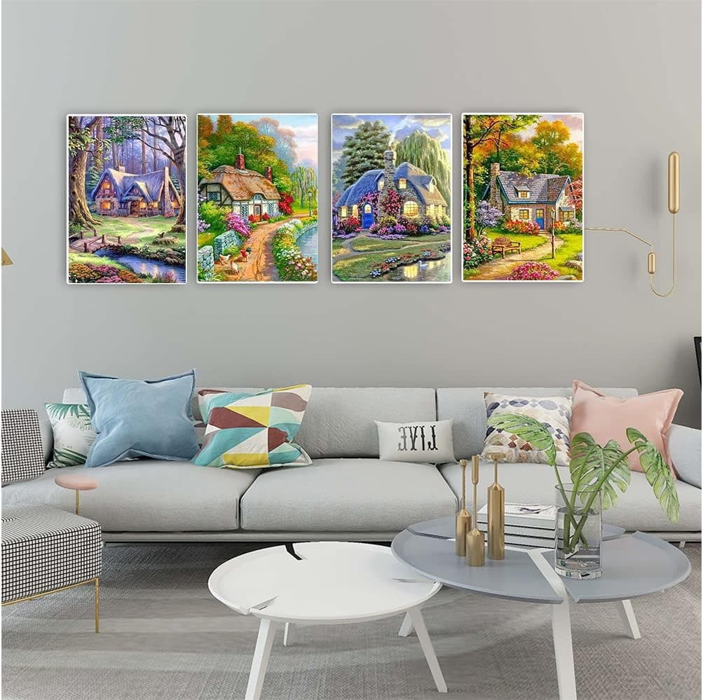 DCIDBEI Lot de 4 Peinture Diamant Paysage Adultes 40x50 cm Broderie Diamant Cottage aux Fleurs Tableau Diamant Kit Complet Adulte Diamond Painting Maison de Campagne