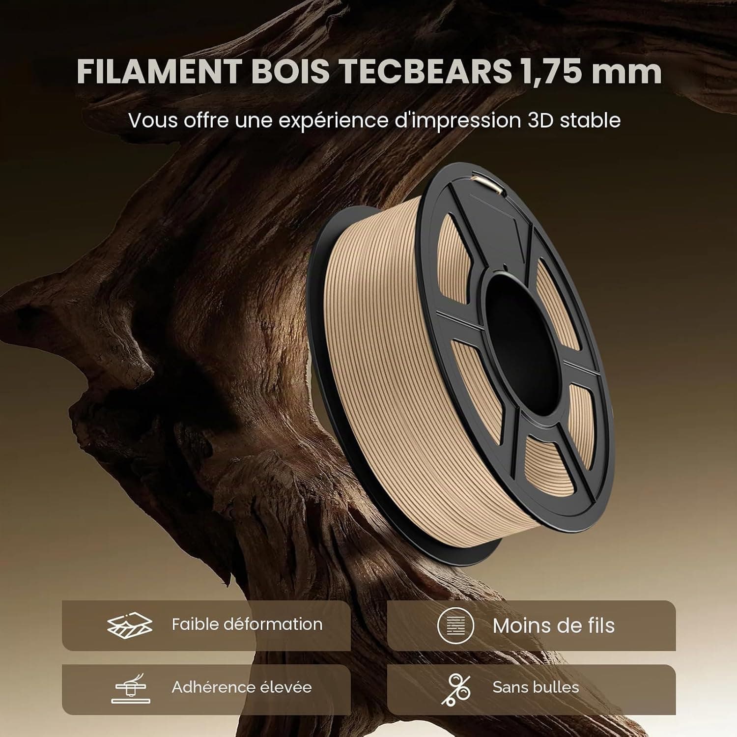 TECBEARS PLA Bois Filament 1.75mm 1KG Bois
