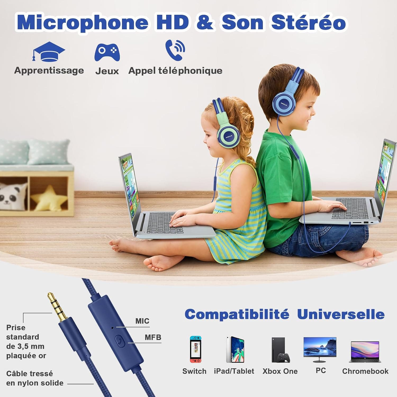 SIMOLIO Manyshare Casque Audio Enfant avec Microphone, Limite de Volume