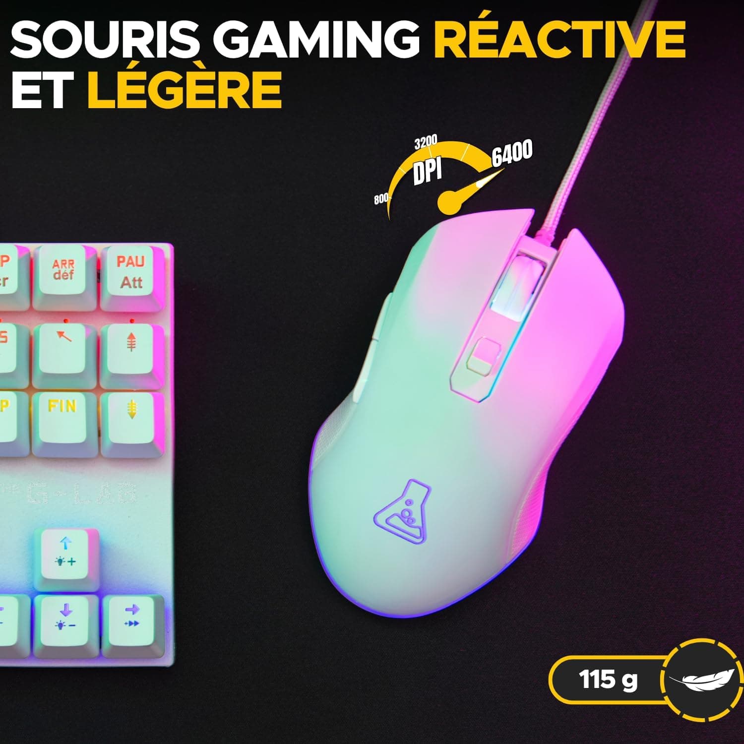 The G-Lab Combo Hydrogen - Pack Clavier Souris Gamer 60% RGB Blanc | Format 60%, Clavier Filaire, RGB, Souris 7 200 DPI, 6 Boutons, AZERTY FR