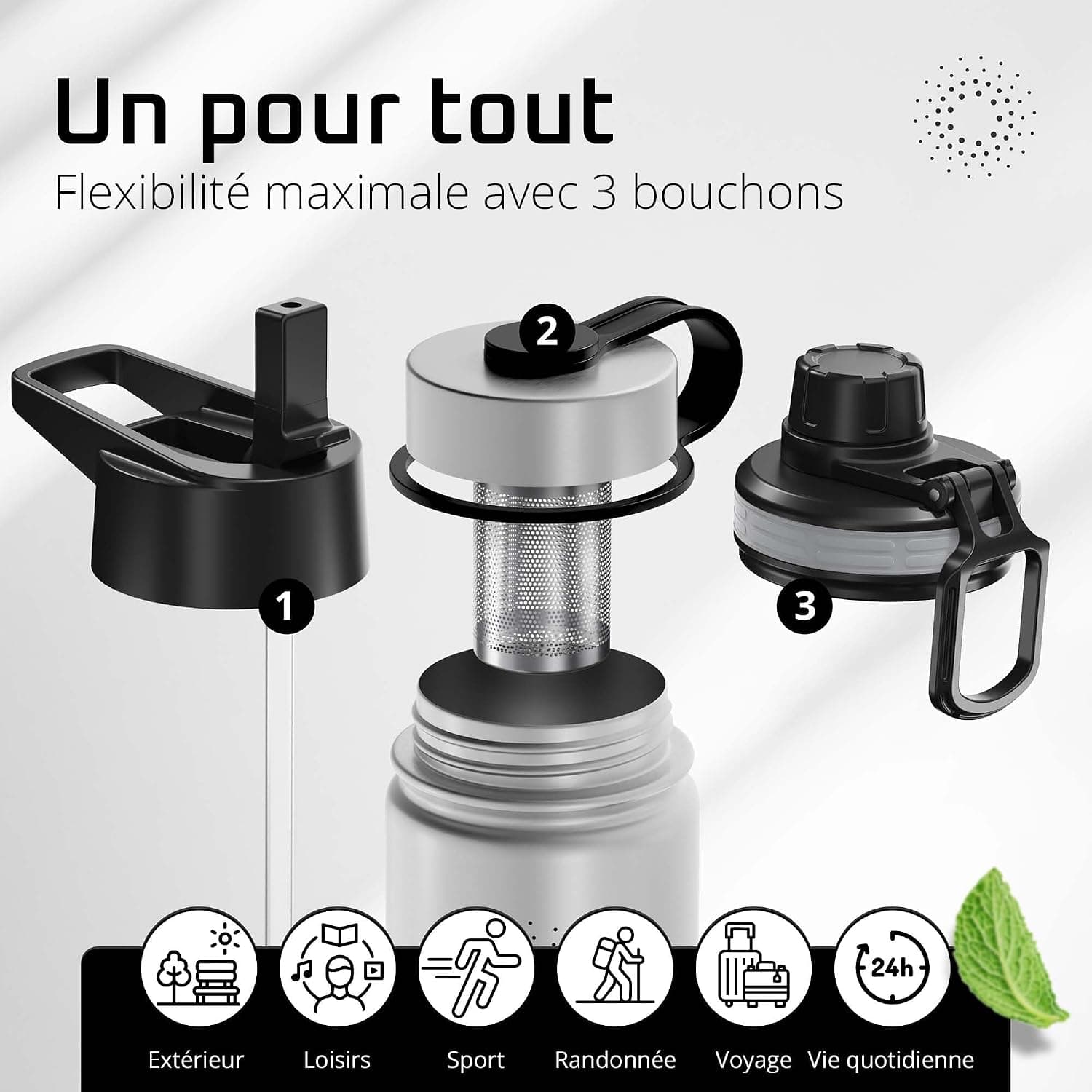 Gourde Inox Isotherme ACTIVE FLASK 1l/500ml sans BPA + Paille (3 Bouchons) | Bouteille d’eau Acier Inoxydable Isolée, Thermos Réutilisable | Camping Velo Sport Running Randonnée Enfant, Café The