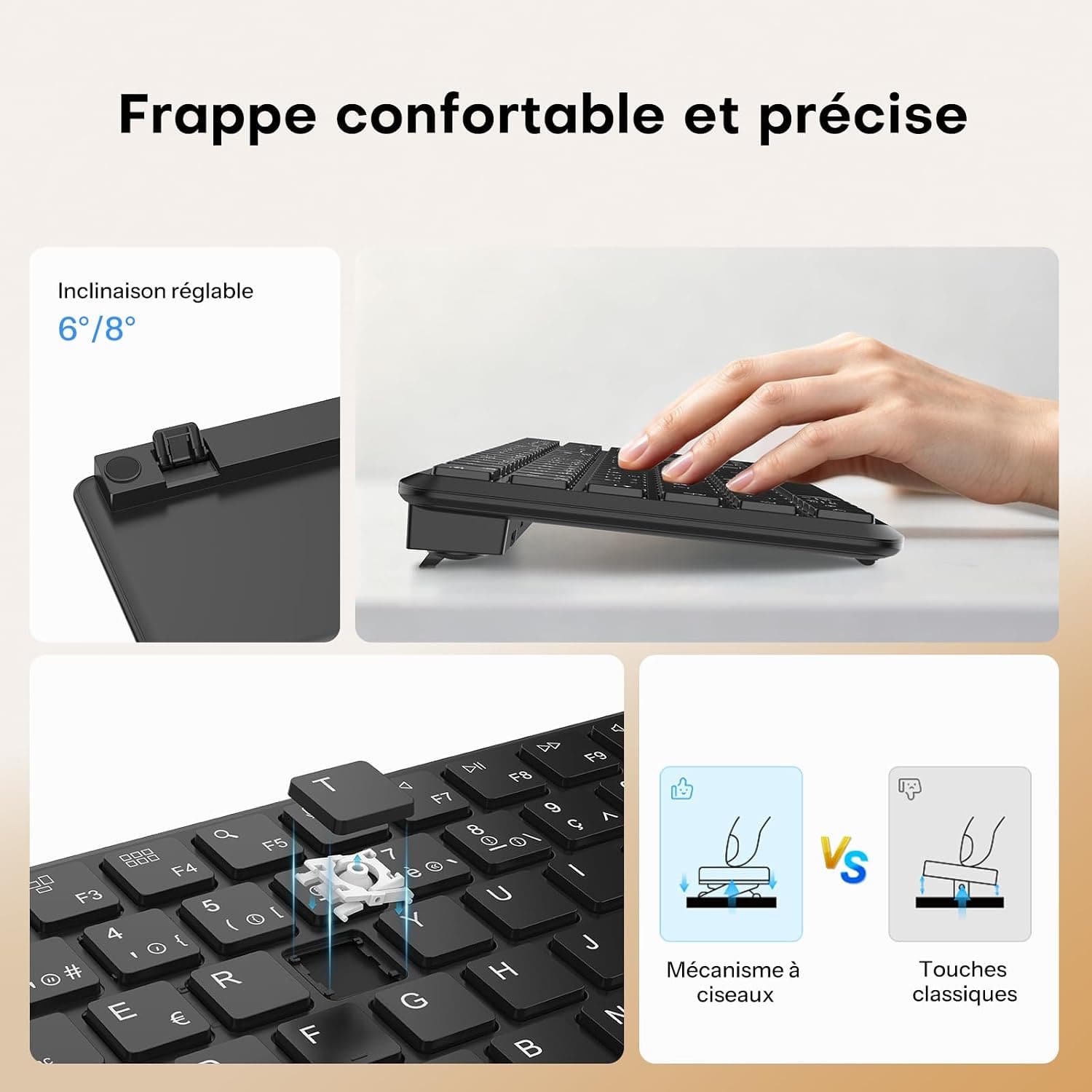 OMOTON Clavier sans Fil Bluetooth + 2.4G AZERTY pour PC/Windows/Mac, Noir | 3 Canaux Multi-appareils, Pleine Taille, Rechargeable USB-C, Ultra-Mince, Silencieux, Les Ciseaux, Ergonomique