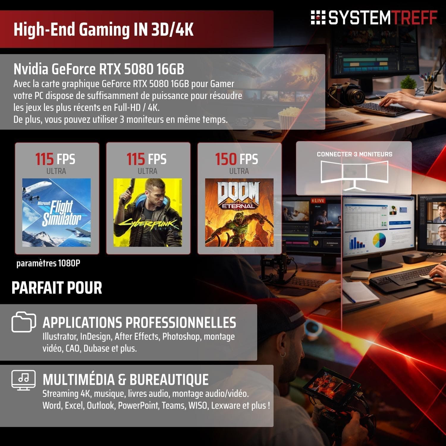 SYSTEMTREFF PC Gamer High-End - AMD Ryzen 7 9800X3D - RTX 5080 16Go