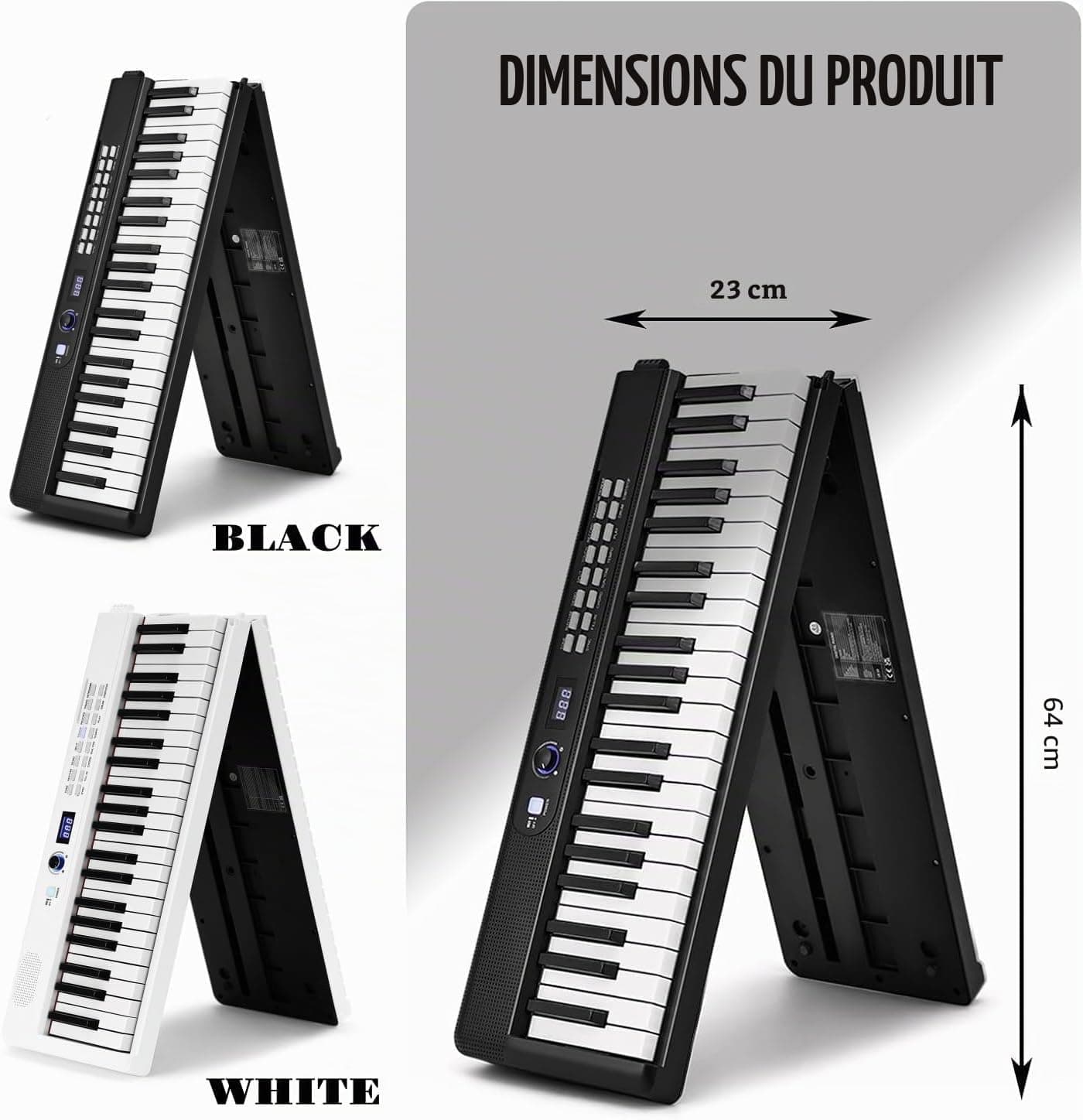 MUSTAR Piano numérique pliable 88 touches avec touches éclairées, piano numérique semi-poids, piano électronique portable avec Bluetooth, MIDI, pédale de sustain, casque pour débutants, blanc