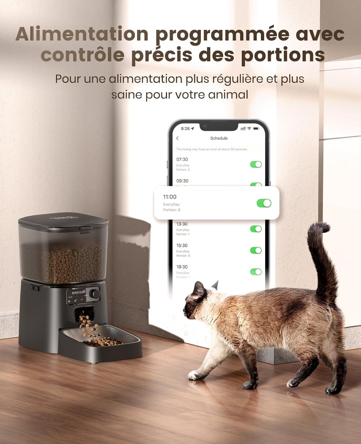 oneisall 3.5L Distributeur Croquettes Chat Automatique WiFi 2,4 GHz, Noir | Distributeur de Nourriture avec APP, Gamelle Automatique pour Chat/Chiens, Mangeoire Programmable, 1-10 Repas/Jour, Bol Inox