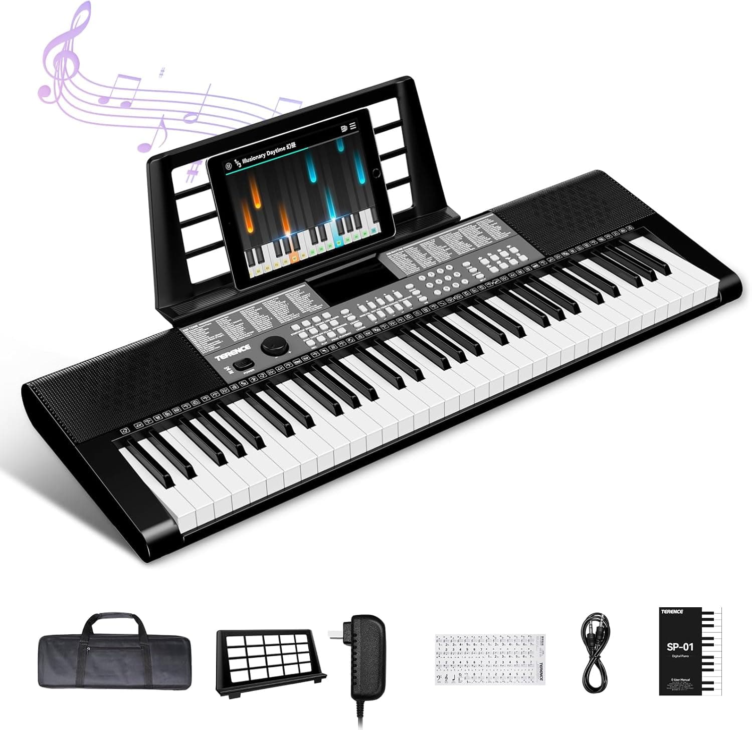 TERENCE Piano Numérique 61 Touches Double Haut-parleur HiFi Clavier Piano avec 51 Touches de Fonction Affichage LED Double Clavier 2 Options d'alimentation Support pour Casque et Microphone