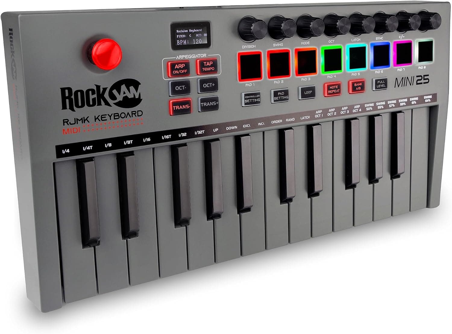 RockJam Go 25 Key USB & Bluetooth MIDI Keyboard Controller With 8 Backlit Drum Pads, 8 Knobs