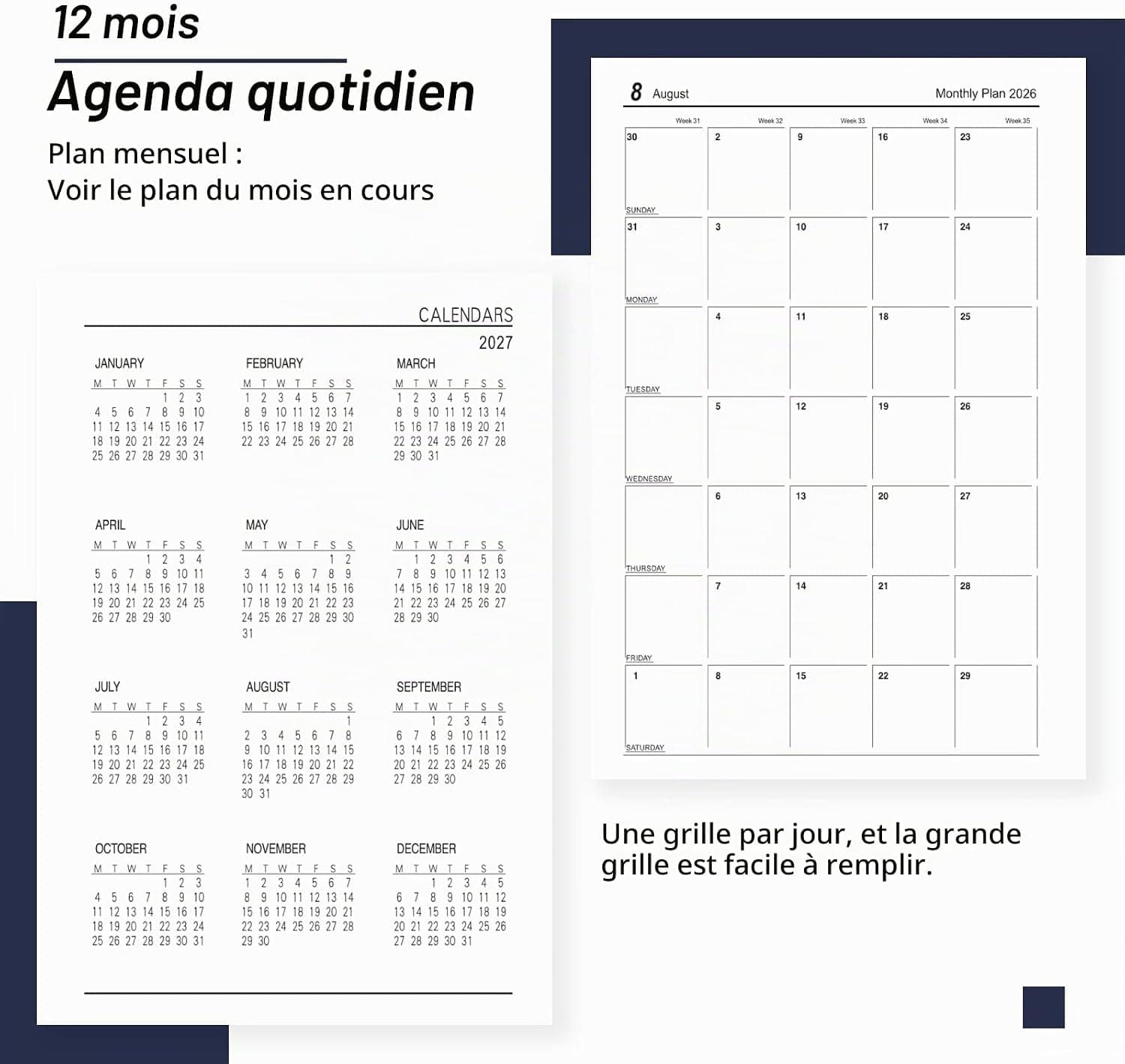 Agenda académique journalier 2026-2027 de juillet 2026 à juin 2027 avec couverture rigide et stylo, marque-page, onglets mensuels, autocollants (bleu)