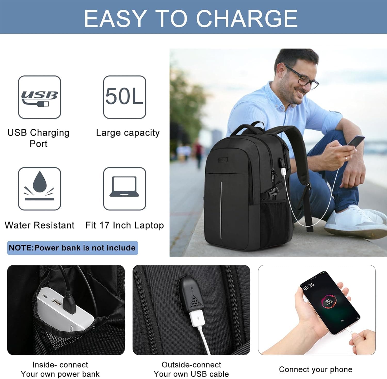 Sac à Dos Ordinateur Portable 17.3 Pouces,50L Sac à Dos de Voyage Grande Homme Femme Antivol Imperméable avec USB Charging Port PC Portable pour Loisir, Scolaire,Affaire Noir