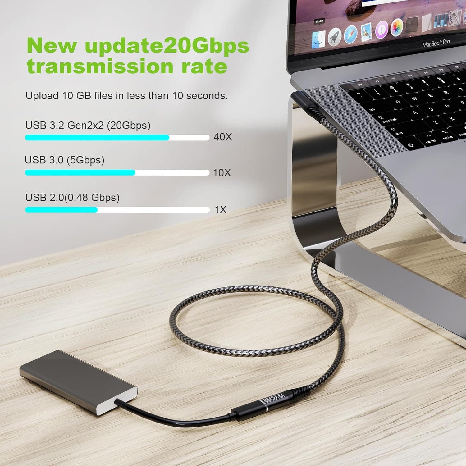 CAKOBLE Rallonge USB-C 3.2 Gen2 20Gbps 100W/5A - Câble Coudé 25cm Compatible avec Hub, Dell XPS, Chargeur - 4K@60Hz