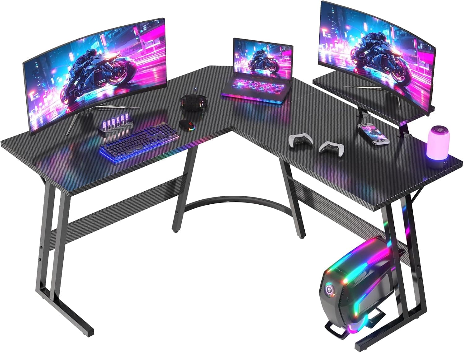 JUMMICO Bureau Gaming en L avec Support Écran, 120x120cm, Réversible, Noir