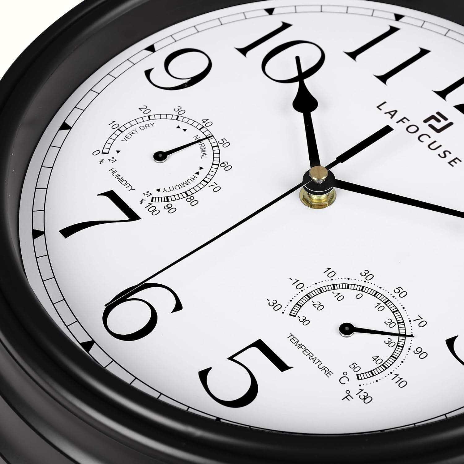 Lafocuse Horloge Murale avec Thermomètre et Hygromètre Vintage Pendule Murale Quartz Noir Silencieuse pour Salon Cuisine 30cm