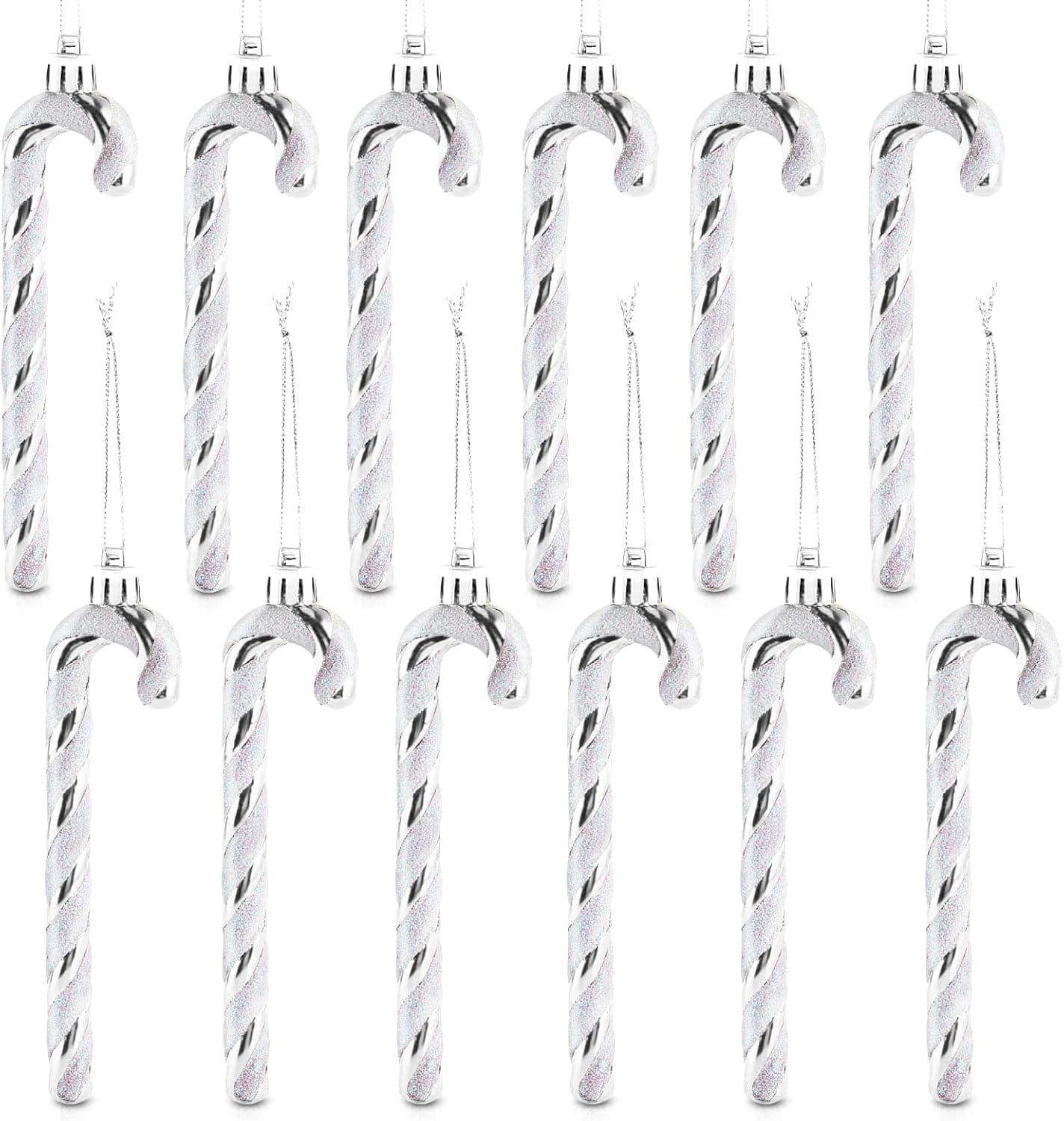 Sucre d'orge Glitter de Noël,12 pcs Candy Cane Canne à Sucre Noel Déco, Bonbons de Canne Decoration Plastique avec des Cordes,Décoration à Suspendre pour Sapin de Noël,Scintillant Argent,13cm