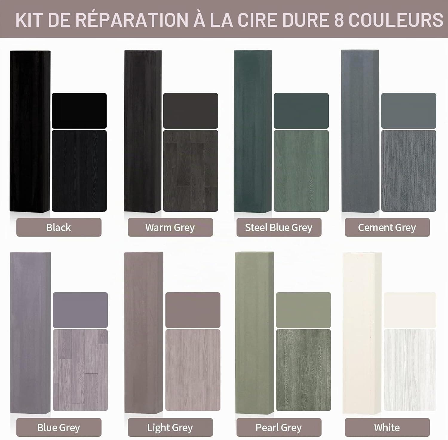 Pate a Bois 8 Couleurs Gris, Pate a Bois Rebouchage, Kit Reparation Parquet