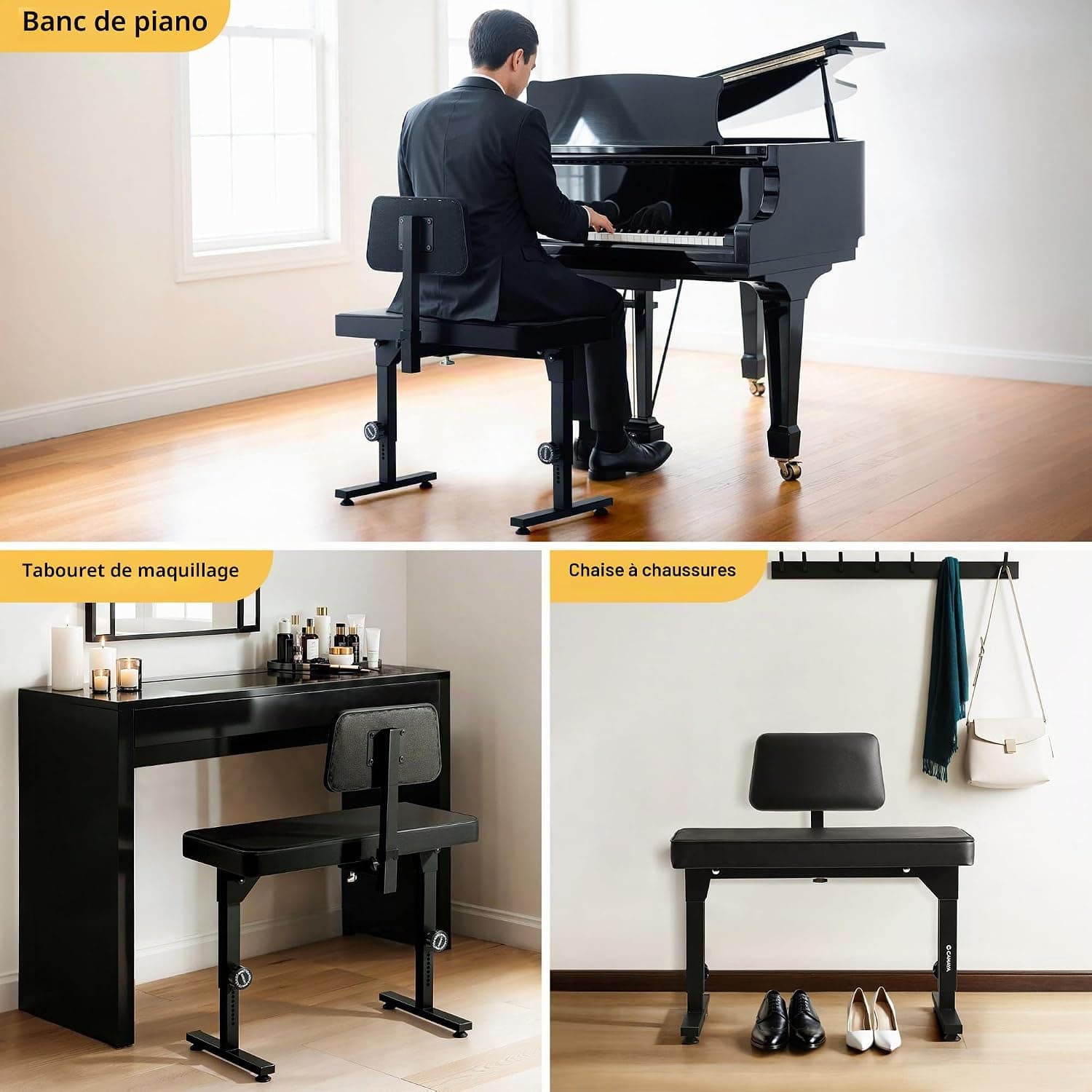 CAHAYA Tabouret Piano Réglable Stable avec Dossier, Charge 200 kg | Confort longue durée, assise large et dossier rembourré, pliable, pour enfants et adultes, piano, clavier, maison et studio