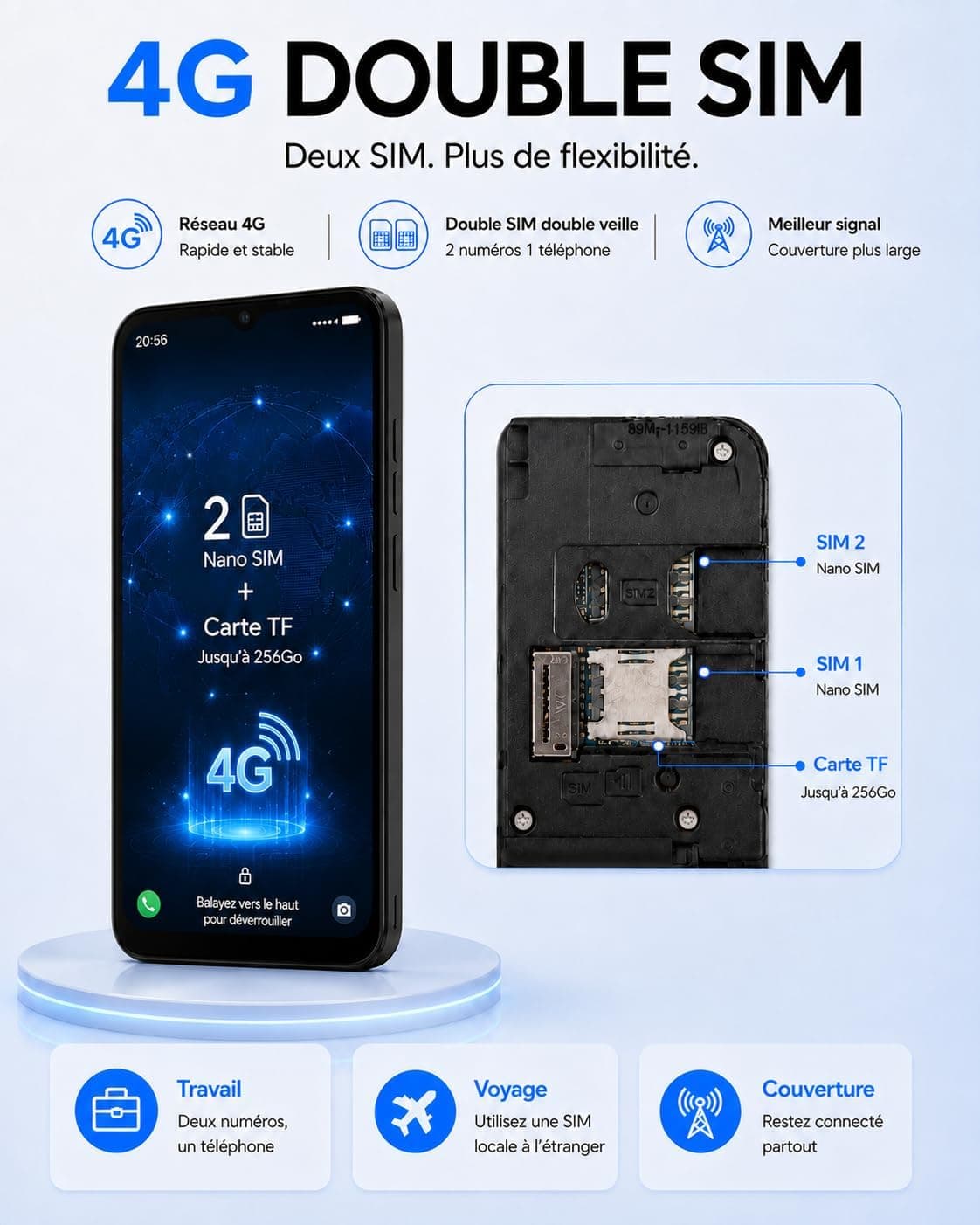 invens Note TK01 Téléphone Portable 4G débloqué, 7 Go RAM, 32 Go, HD+, Noir | Écran 6,5 pouces, batterie amovible 4250 mAh, double SIM, Face ID, caméra 16 MP, USB-C, jack 3,5 mm et extension TF à 256 Go.