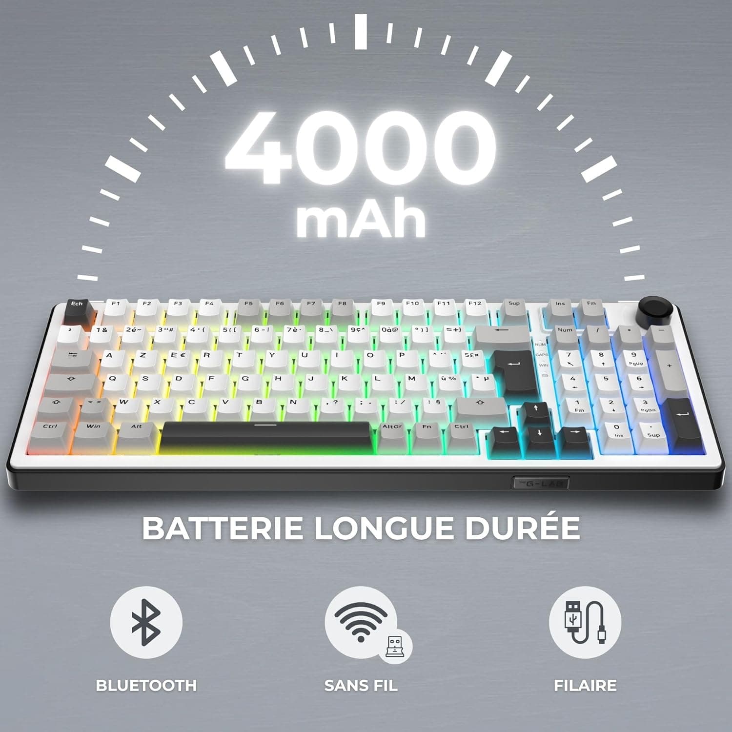 The G-Lab Keyz Elite 400 WG - Clavier Gamer sans Fil Mécanique AZERTY FR | Sans Fil Tri Mode 2.4GHz/Bluetooth/Filaire, Switch Mécanique Hot Swap Pré-lubrifiés, Gasket 5 Couches, RGB