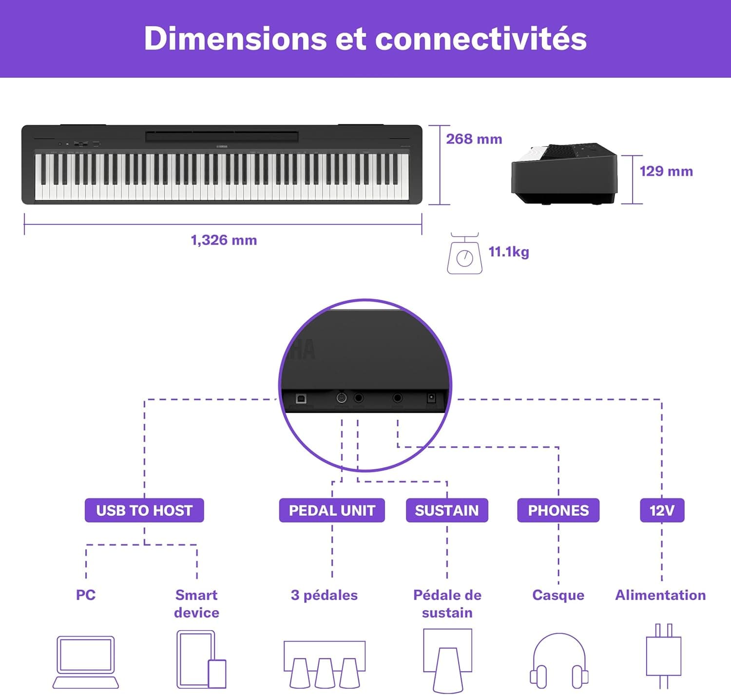 Yamaha P-145BT Piano Numérique – Léger et portable avec clavier Graded-Hammer-Compact à 88 touches et 10 sonorités, Bluetooth – Noir