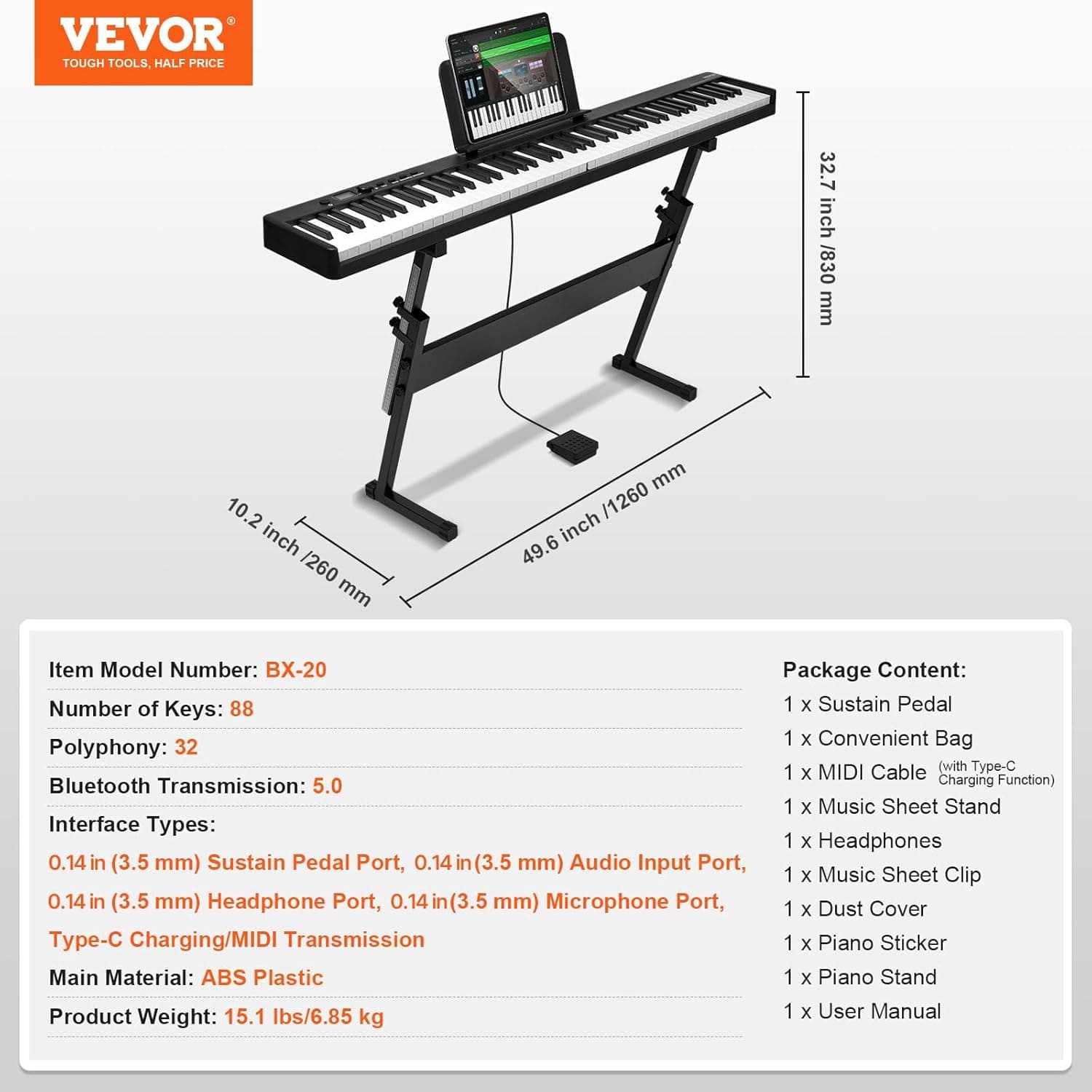 VEVOR Clavier Piano Pliable 88 Touches, Bluetooth et MIDI, Piano Électronique Numérique Portable, Support, Pédale de Sustain, Touches Sensibles, Rechargeable pour Débutants, Adolescents, Adultes, Noir