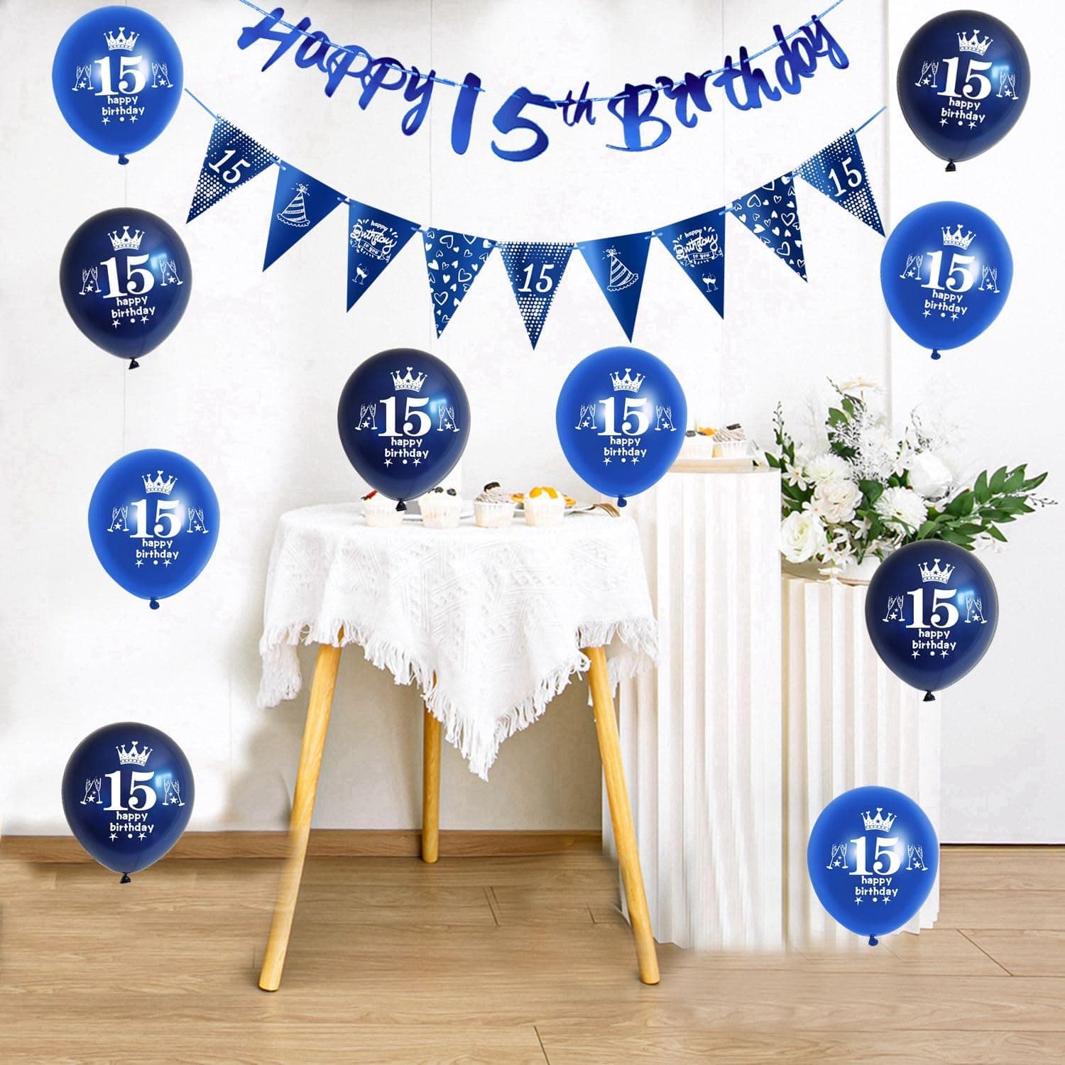 Bleu guirlande Happy 15th Birthday bannière + 15 ans anniversaire drapeaux triangulaires + 15 pcs 15 ans anniversaire ballons 15 ans anniversaire garcon décoration anniversaire 15 ans garcon Bleu