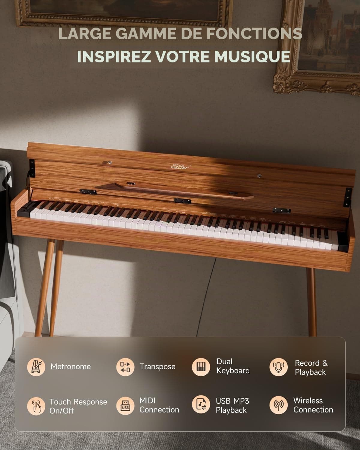 Eastar EUP-100 Piano Numérique 88 Touches, Piano à Clavier Lesté pour Débutant, avec Housse, Casque, Autocollants Musicaux, Triple Pédalier, Connexion Sans Fil, Enregistrement, MIDI - Bois Rétro