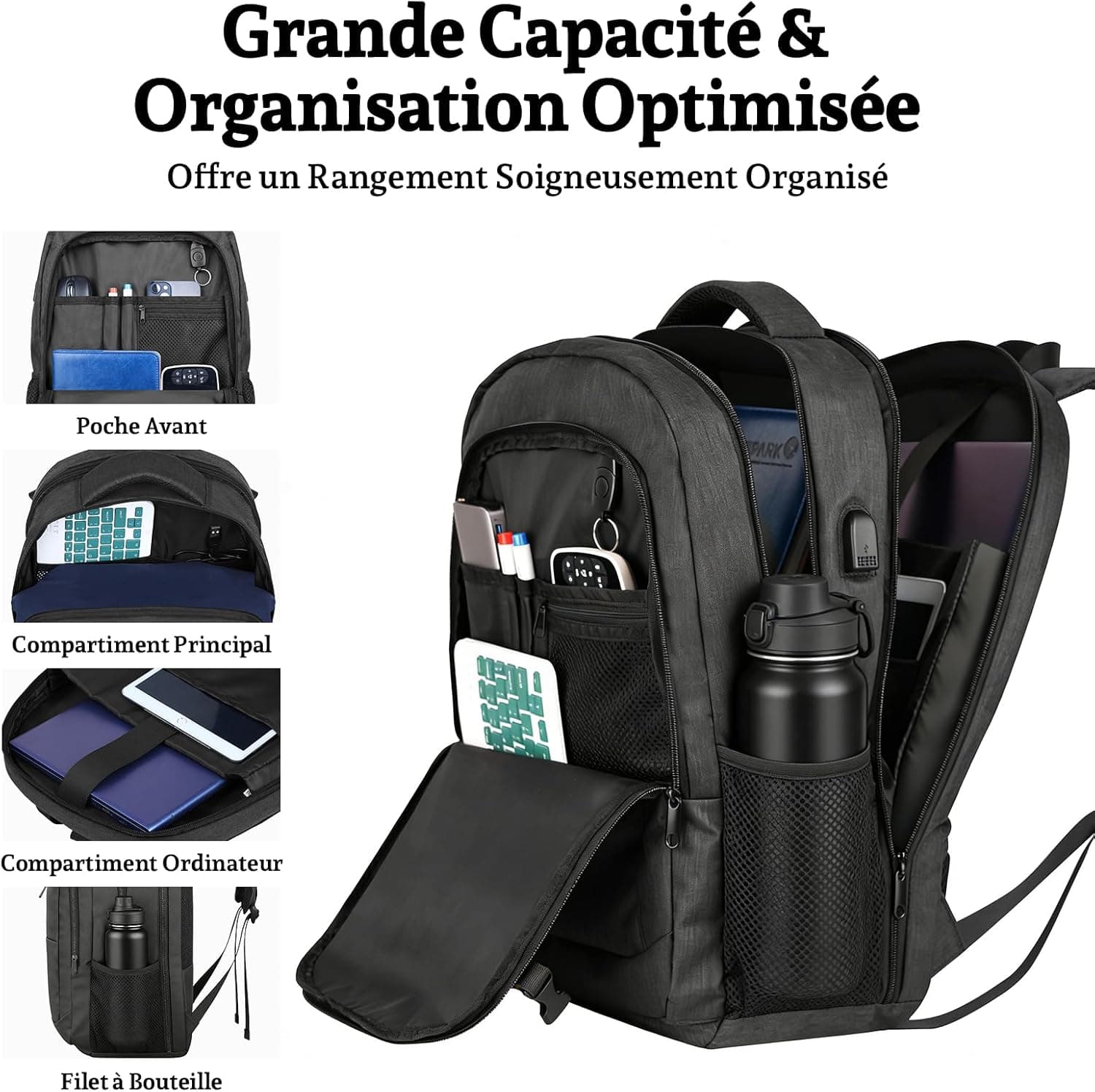 Sac à Dos Ordinateur 17,3 Pouces Homme, Sac PC Grande Capacité 35L Imperméable avec Port USB, Sac à Dos Antivol pour Travail, Université et Voyage Cabine