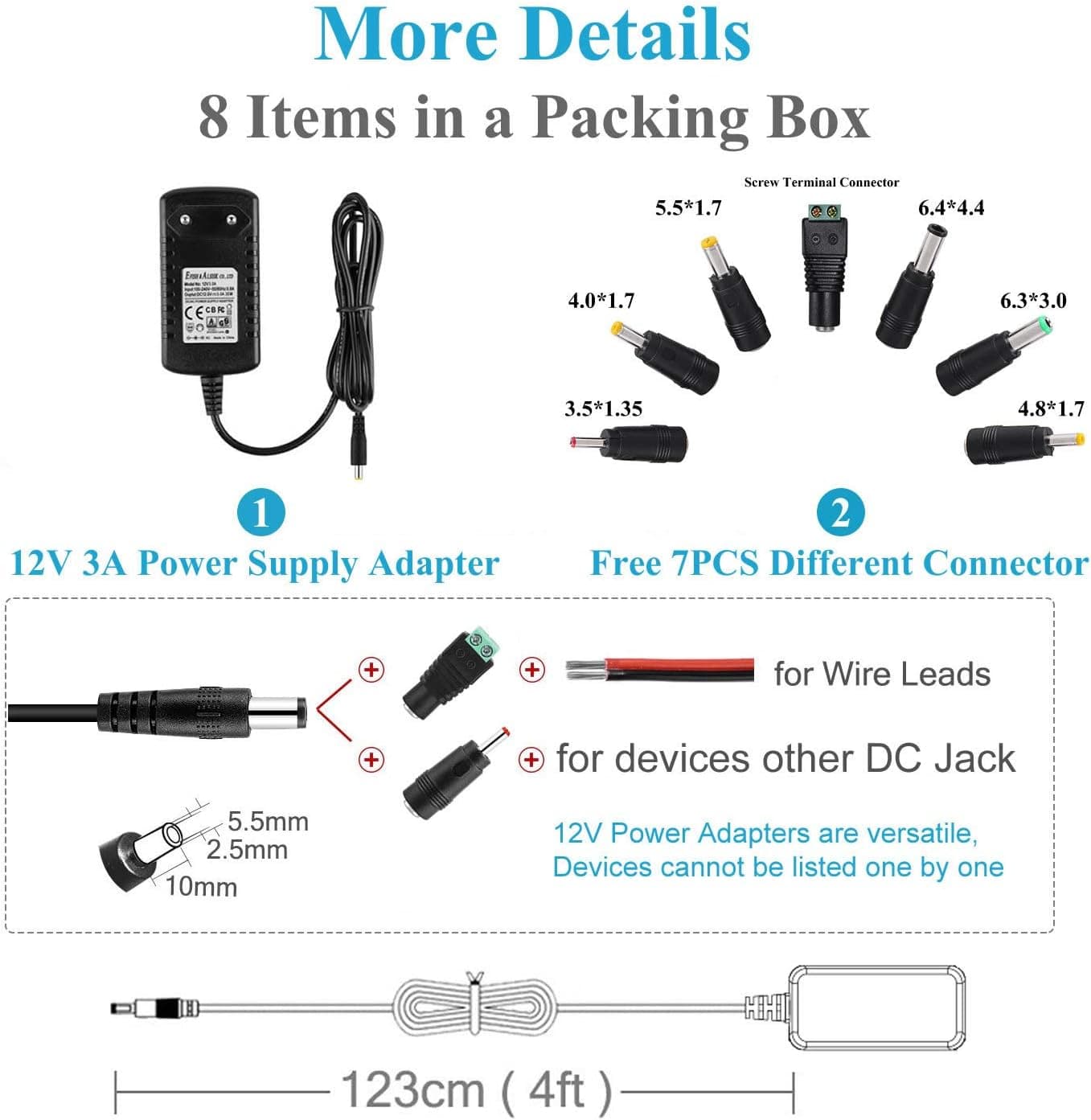 EFISH DC 12V 3A 36W Netzteil,Netzstecker für 12V Kleine elektronische Geräte,CCTV-Kamera,WLAN-Router,Hub,LED-Streifen,Telekom,Speedport,Scanner,Schalter,Türklingel+7 Verschiedene DC-Stecker