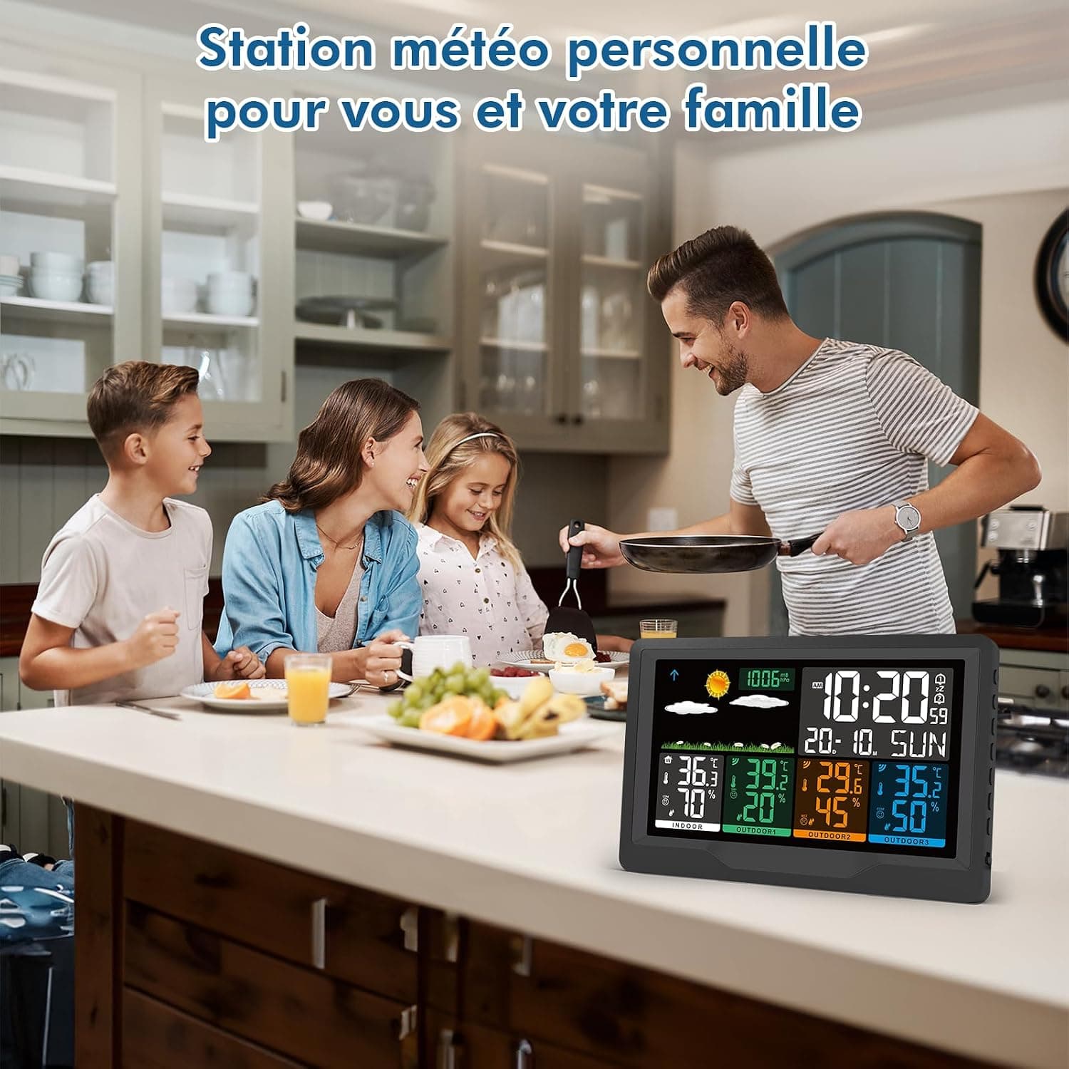Station Meteo Interieur Exterieur Sans Fil avec 3 Capteurs, Écran Couleur, Station Météo avec Baromètres, Prévisions Météorologiques, Thermomètre Hygromètre, Affichage Température et Humidité, Réveil