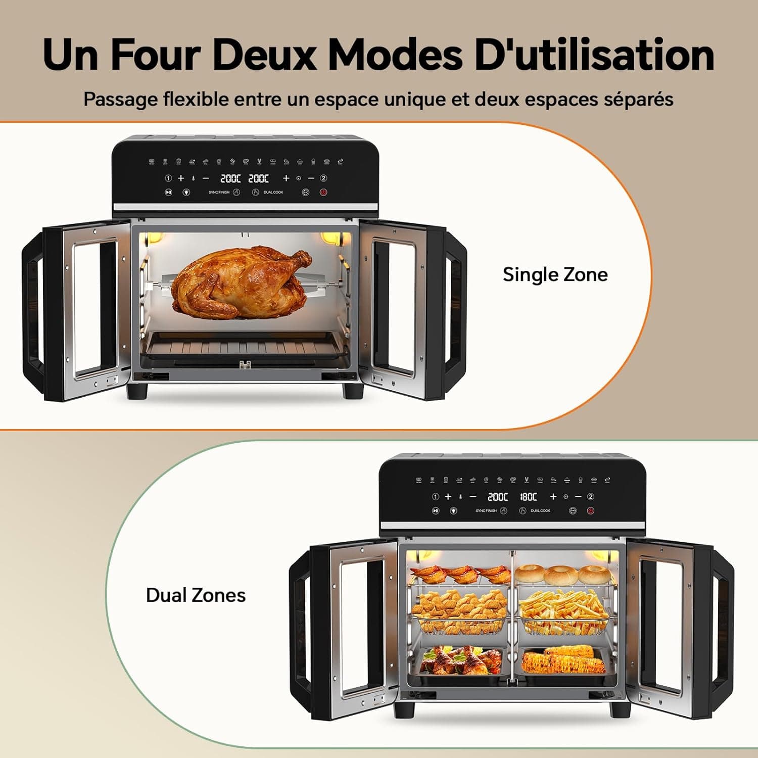 23L Friteuse à Air Chaud Familles, Mini Four Cuisson Une Deux Zone,Temp Sép