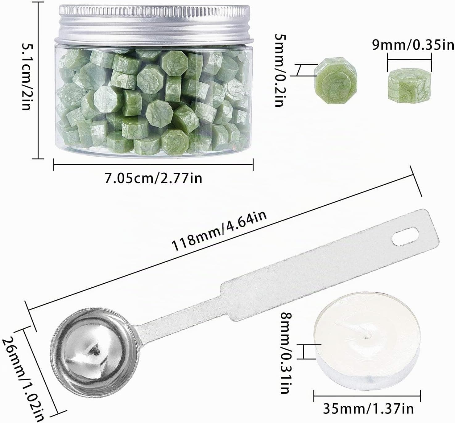 craspire 280 pièces de Perles de Cire à Cacheter Octogonales en Bâtonnets avec 4 Bougies à Thé et 2 cuillères à Fondre à Cire pour Cachet de Cachet de Cire (Vert)