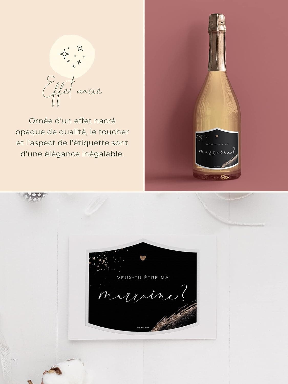 JoliCoon Étiquette bouteille Veux-tu être ma marraine, demande marraine | Papier nacré structuré, forte adhérence, pour bouteilles de vin, de champagne, de prosecco et autres formes de bouteilles
